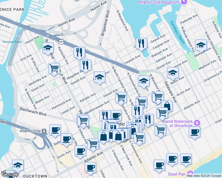 map of restaurants, bars, coffee shops, grocery stores, and more near 1227 Drexel Avenue in Atlantic City