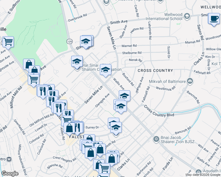 map of restaurants, bars, coffee shops, grocery stores, and more near 7121 Park Heights Avenue in Pikesville