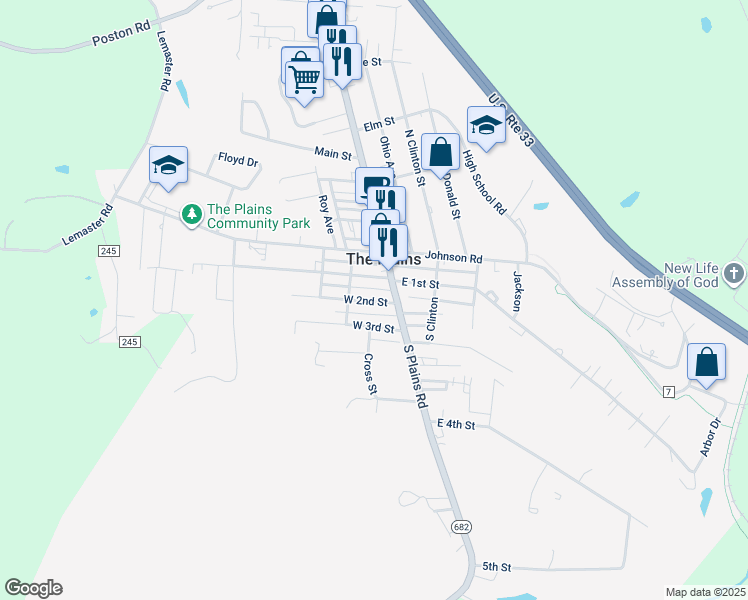 map of restaurants, bars, coffee shops, grocery stores, and more near 7 West 2nd Street in The Plains