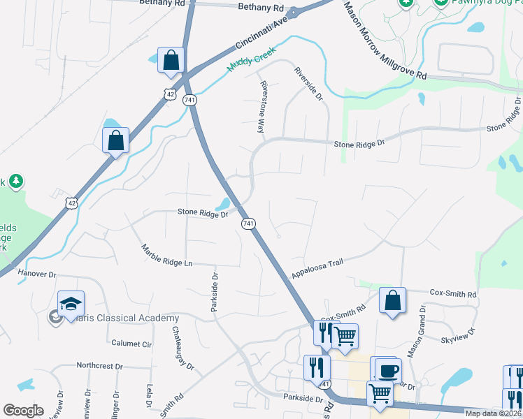 map of restaurants, bars, coffee shops, grocery stores, and more near 4788 Gallop Run in Mason