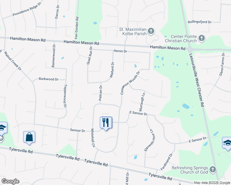 map of restaurants, bars, coffee shops, grocery stores, and more near 7479 Cinnamon Woods Drive in Butler County