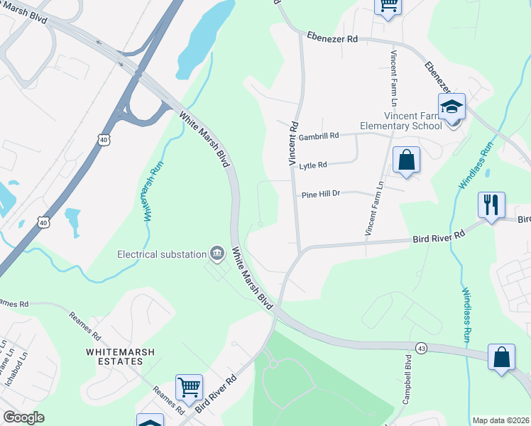map of restaurants, bars, coffee shops, grocery stores, and more near 5707 Charlies Way in White Marsh