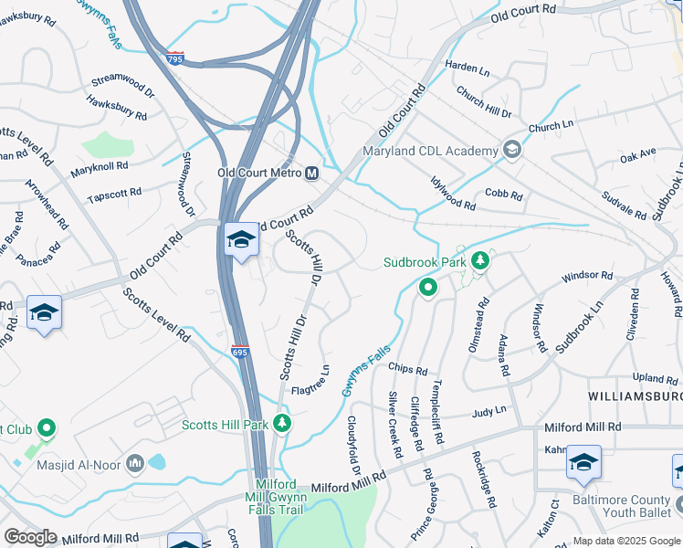 map of restaurants, bars, coffee shops, grocery stores, and more near 1057 Flagtree Lane in Pikesville