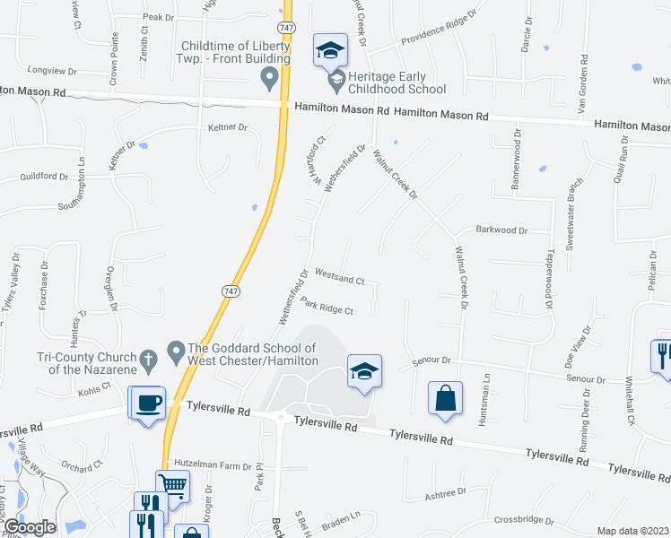 map of restaurants, bars, coffee shops, grocery stores, and more near 7435 Desert Springs Court in Butler County