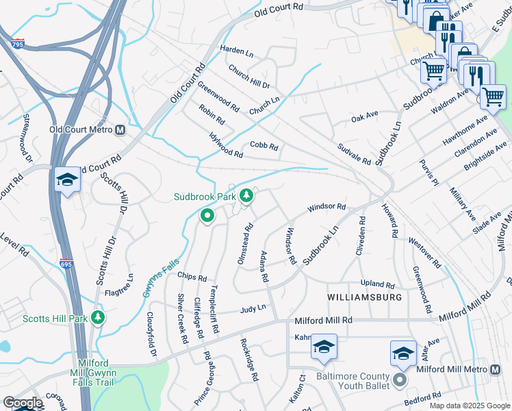 map of restaurants, bars, coffee shops, grocery stores, and more near 611 McHenry Road in Pikesville