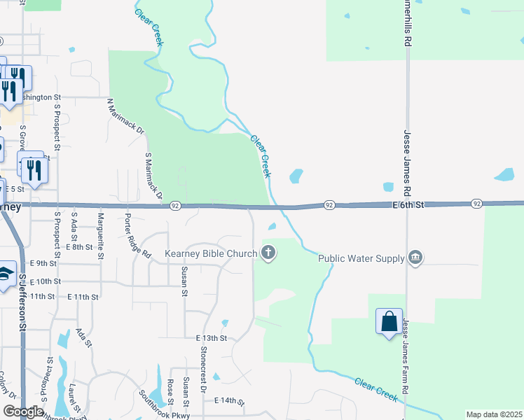 map of restaurants, bars, coffee shops, grocery stores, and more near 1313 Clear Creek Drive in Kearney