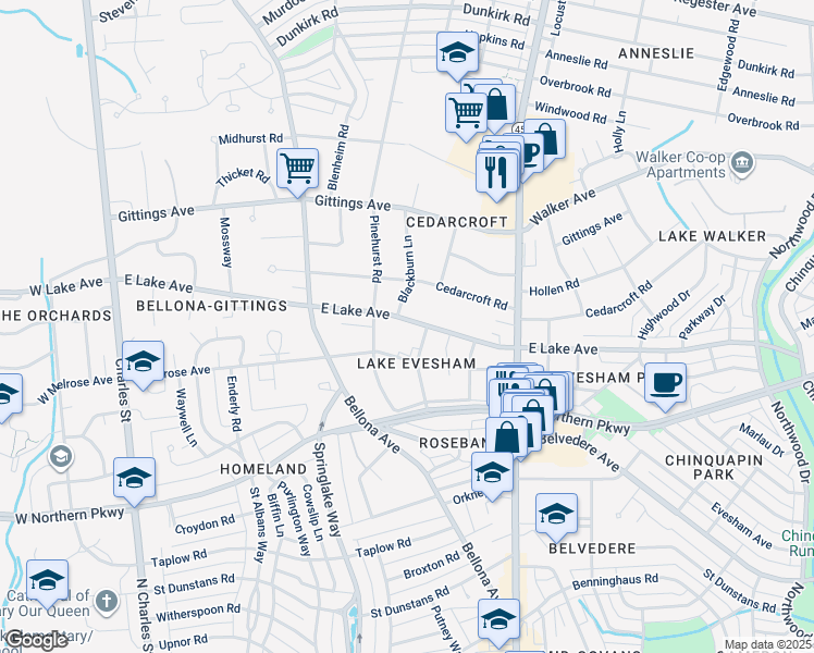 map of restaurants, bars, coffee shops, grocery stores, and more near 313 East Lake Avenue in Baltimore