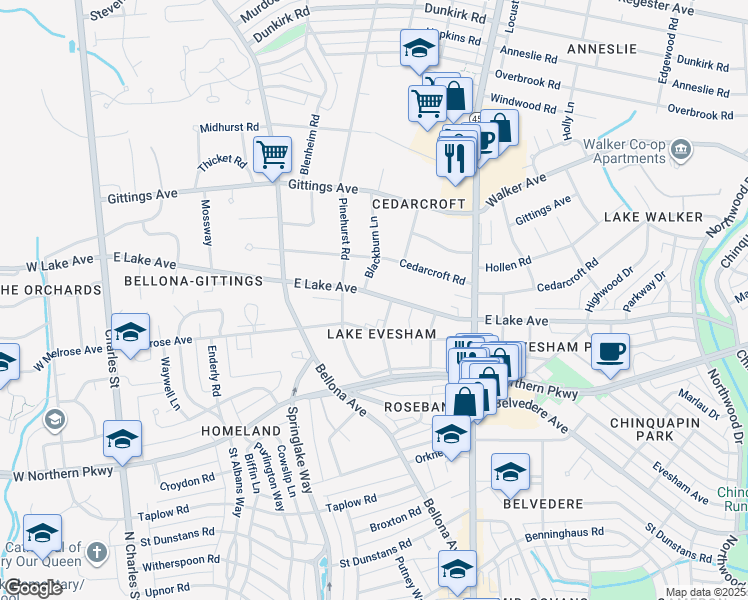map of restaurants, bars, coffee shops, grocery stores, and more near 313 East Lake Avenue in Baltimore