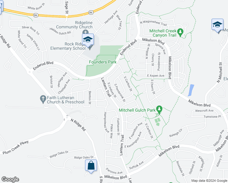 map of restaurants, bars, coffee shops, grocery stores, and more near 226 South Lindsey Street in Castle Rock