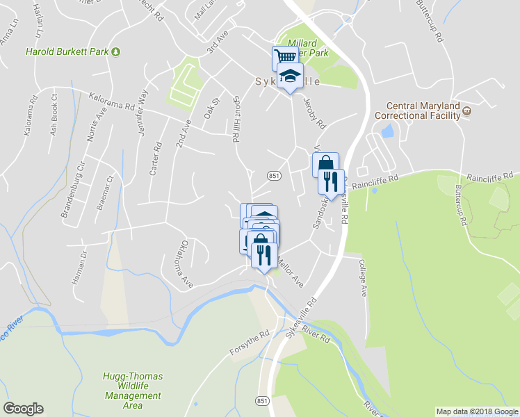 map of restaurants, bars, coffee shops, grocery stores, and more near 7517 Main Street in Sykesville