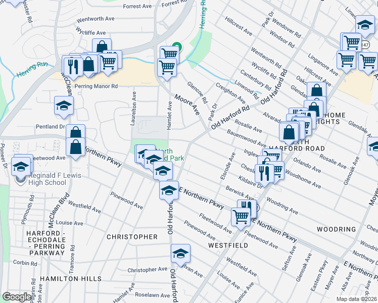map of restaurants, bars, coffee shops, grocery stores, and more near 2700 Kildaire Drive in Baltimore