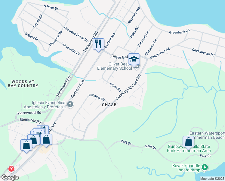 map of restaurants, bars, coffee shops, grocery stores, and more near 7 Olivia Court in Middle River