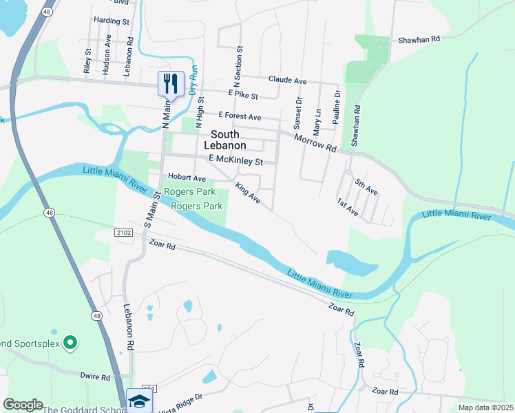 map of restaurants, bars, coffee shops, grocery stores, and more near 269 King Ave in South Lebanon