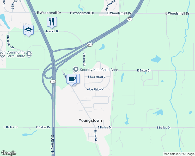 map of restaurants, bars, coffee shops, grocery stores, and more near 1933 East Lexington Drive in Terre Haute