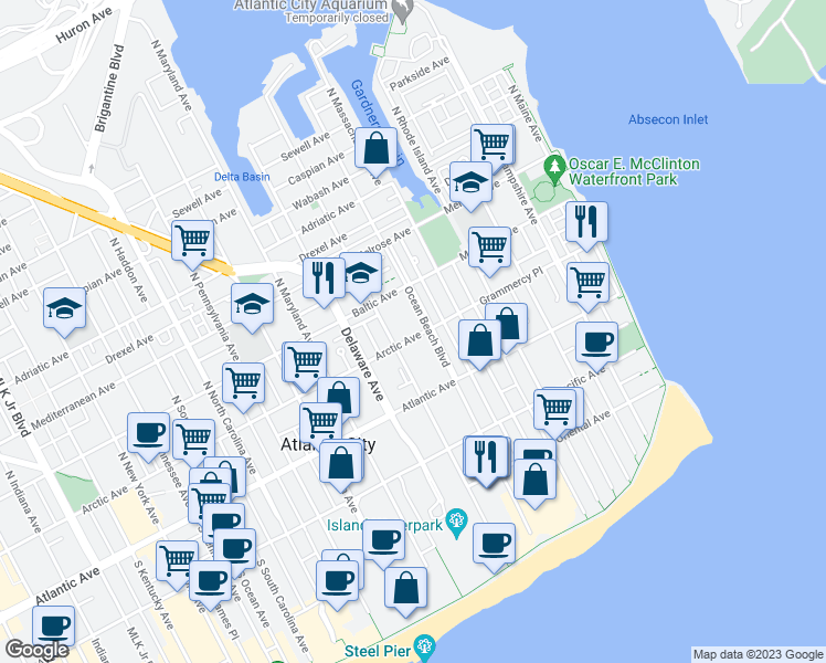 map of restaurants, bars, coffee shops, grocery stores, and more near 609 Arctic Avenue in Atlantic City