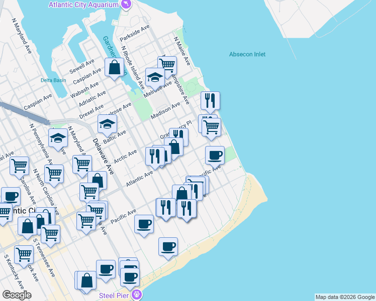 map of restaurants, bars, coffee shops, grocery stores, and more near 311 Atlantic Avenue in Atlantic City