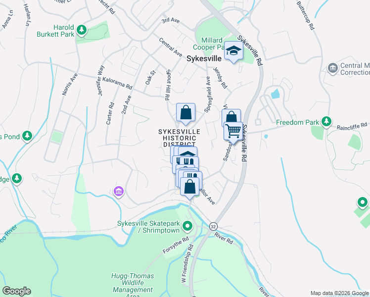 map of restaurants, bars, coffee shops, grocery stores, and more near 7517 Main Street in Sykesville