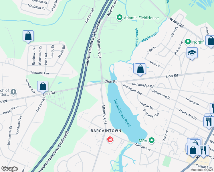 map of restaurants, bars, coffee shops, grocery stores, and more near 3404 Bargaintown Road in Egg Harbor Township