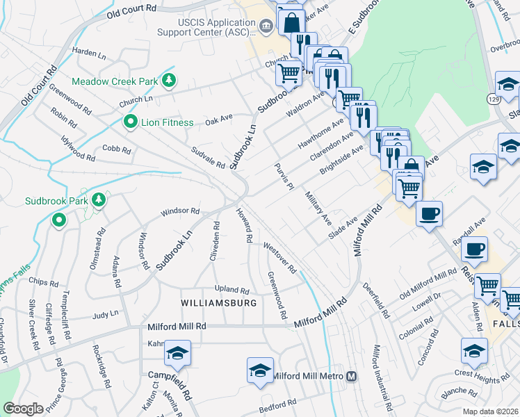 map of restaurants, bars, coffee shops, grocery stores, and more near 232 Brightside Avenue in Pikesville