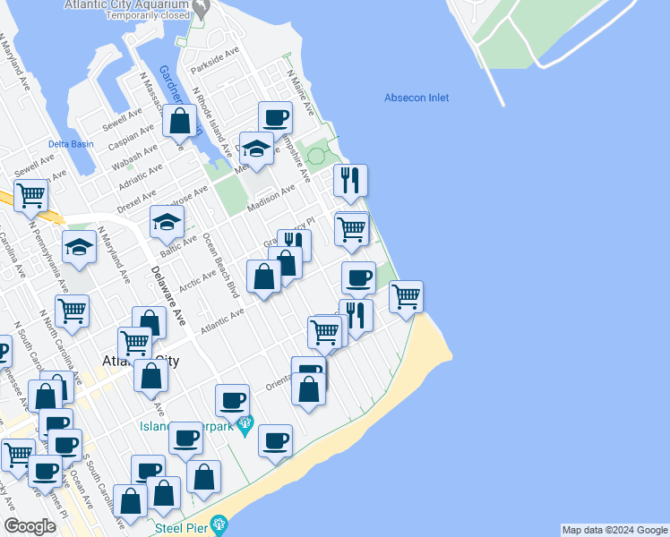 map of restaurants, bars, coffee shops, grocery stores, and more near 10 Belle Haven Court in Atlantic City