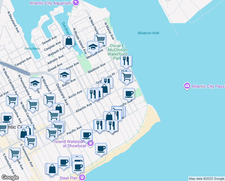 map of restaurants, bars, coffee shops, grocery stores, and more near 311 Atlantic Avenue in Atlantic City