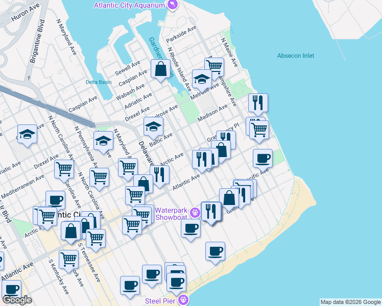 map of restaurants, bars, coffee shops, grocery stores, and more near 35 North Congress Avenue in Atlantic City