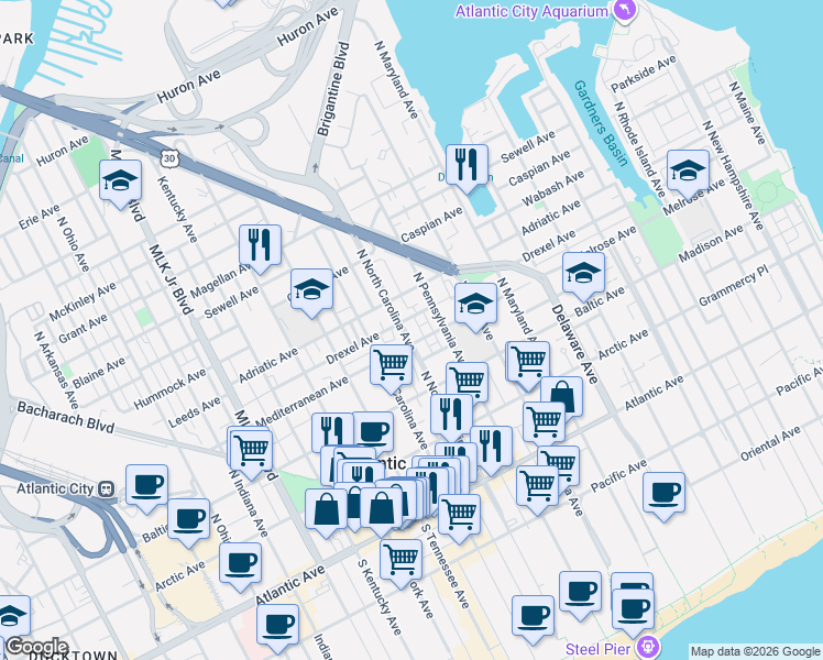 map of restaurants, bars, coffee shops, grocery stores, and more near 306 North North Carolina Avenue in Atlantic City