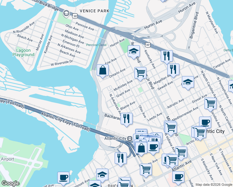 map of restaurants, bars, coffee shops, grocery stores, and more near 2017 Grant Avenue in Atlantic City