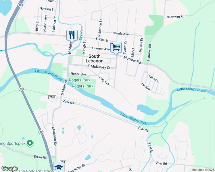 map of restaurants, bars, coffee shops, grocery stores, and more near 269 King Avenue in South Lebanon