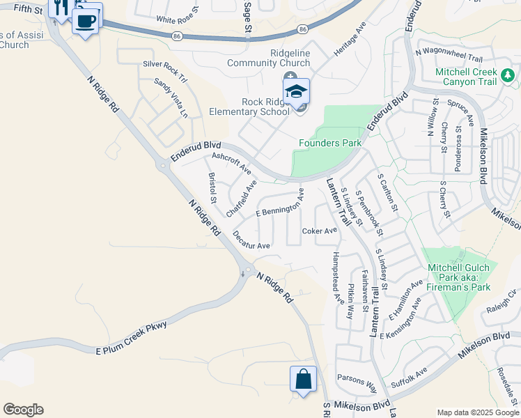 map of restaurants, bars, coffee shops, grocery stores, and more near 4403 East Bennington Avenue in Castle Rock