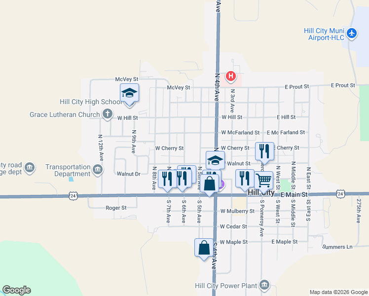 map of restaurants, bars, coffee shops, grocery stores, and more near 601 West Cherry Street in Hill City