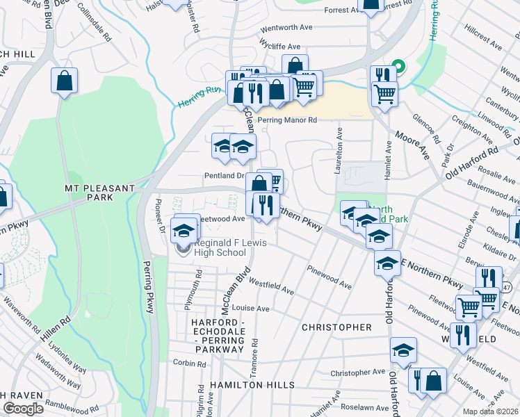 map of restaurants, bars, coffee shops, grocery stores, and more near 2301 East Northern Parkway in Baltimore