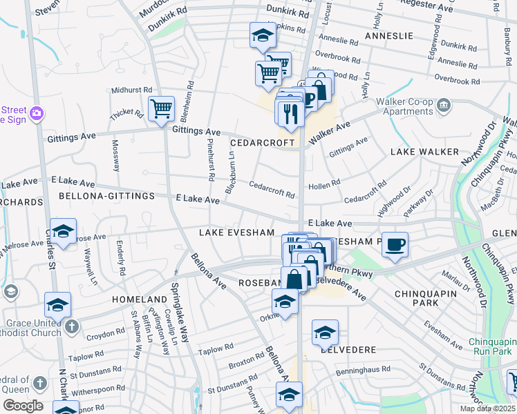 map of restaurants, bars, coffee shops, grocery stores, and more near 408 East Lake Avenue in Baltimore