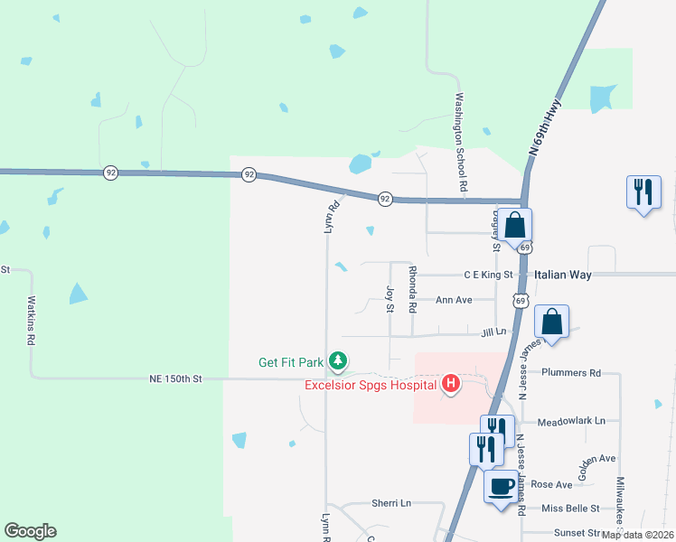 map of restaurants, bars, coffee shops, grocery stores, and more near 2117 Lynn Rd in Excelsior Springs
