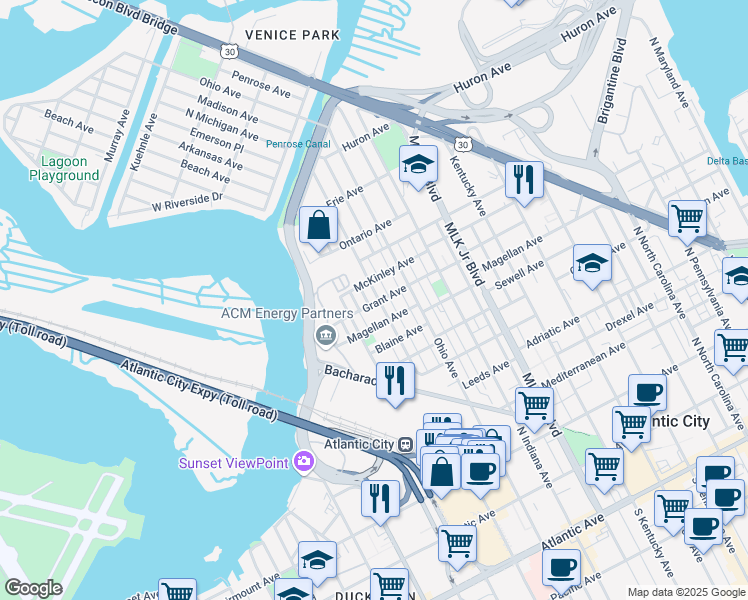 map of restaurants, bars, coffee shops, grocery stores, and more near 2005 Grant Avenue in Atlantic City