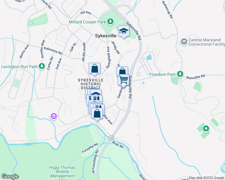 map of restaurants, bars, coffee shops, grocery stores, and more near 7499 Linden Avenue in Sykesville
