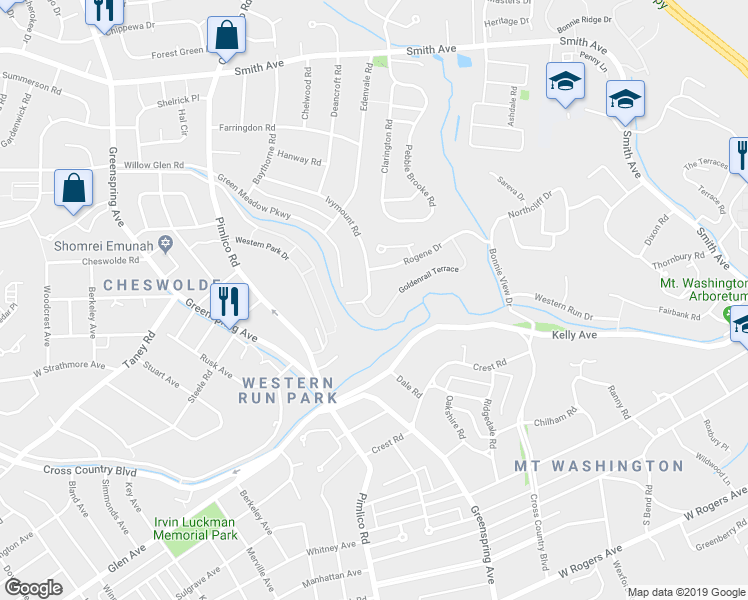 map of restaurants, bars, coffee shops, grocery stores, and more near 6105 Ivymount Road in Baltimore