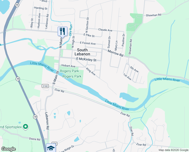 map of restaurants, bars, coffee shops, grocery stores, and more near 269 King Avenue in South Lebanon