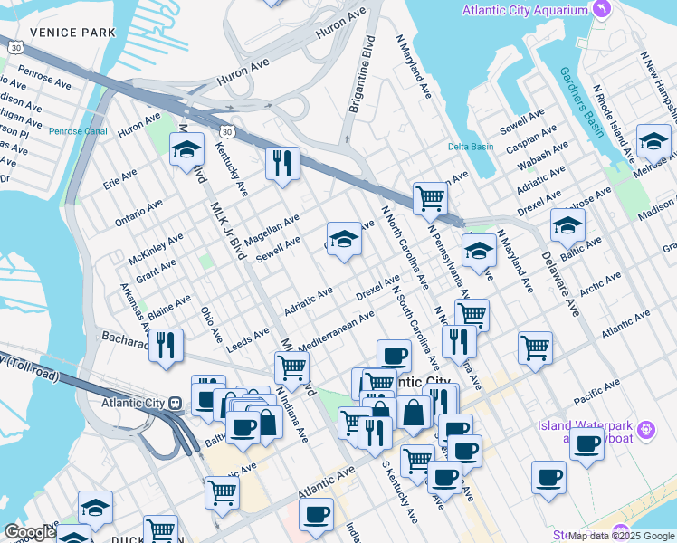 map of restaurants, bars, coffee shops, grocery stores, and more near 411 North New York Avenue in Atlantic City
