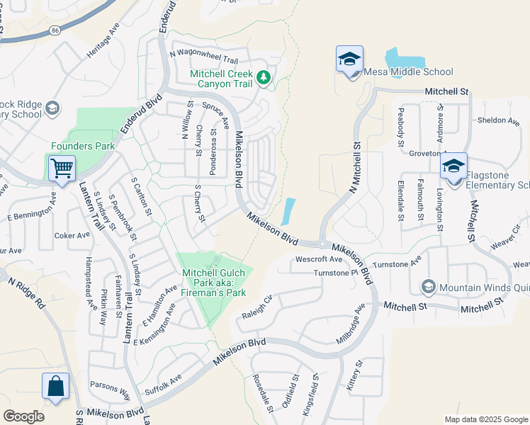 map of restaurants, bars, coffee shops, grocery stores, and more near 227 South Quicksilver Avenue in Castle Rock