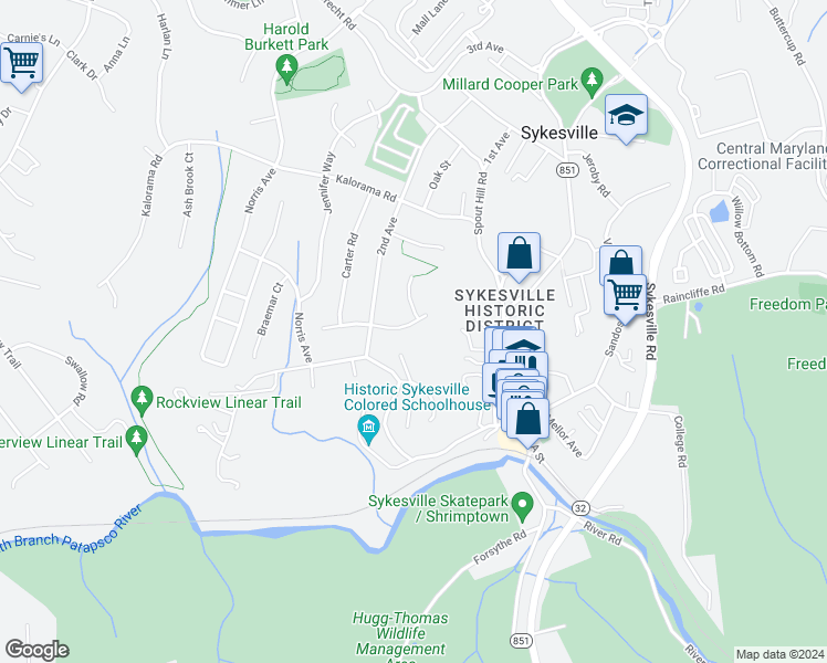 map of restaurants, bars, coffee shops, grocery stores, and more near 637 Shimmering Run Court in Sykesville