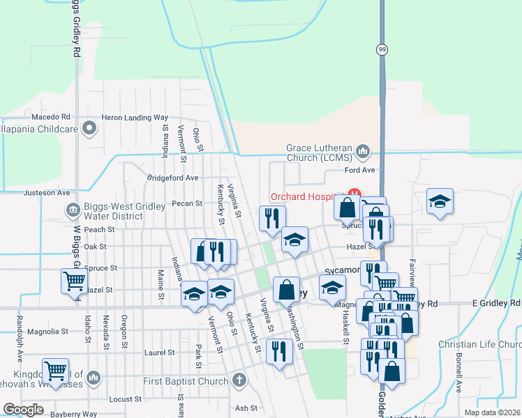 map of restaurants, bars, coffee shops, grocery stores, and more near 1001 Washington Street in Gridley