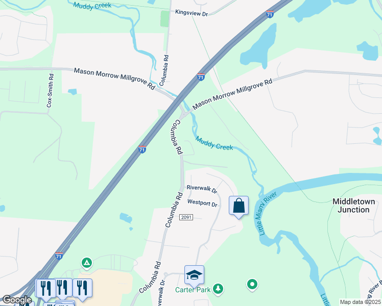 map of restaurants, bars, coffee shops, grocery stores, and more near 4585 River Cove in Kings Mills