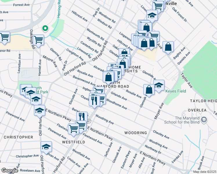 map of restaurants, bars, coffee shops, grocery stores, and more near 7108 Harford Road in Baltimore