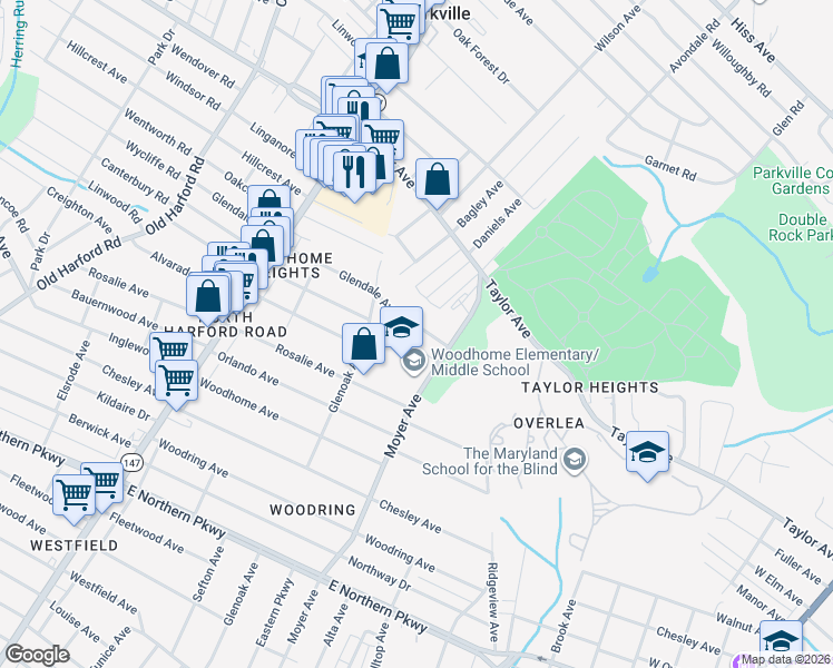 map of restaurants, bars, coffee shops, grocery stores, and more near 3221 Glendale Avenue in Baltimore