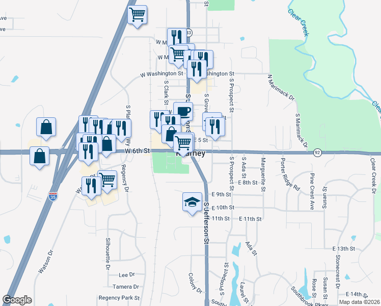map of restaurants, bars, coffee shops, grocery stores, and more near in Kearney