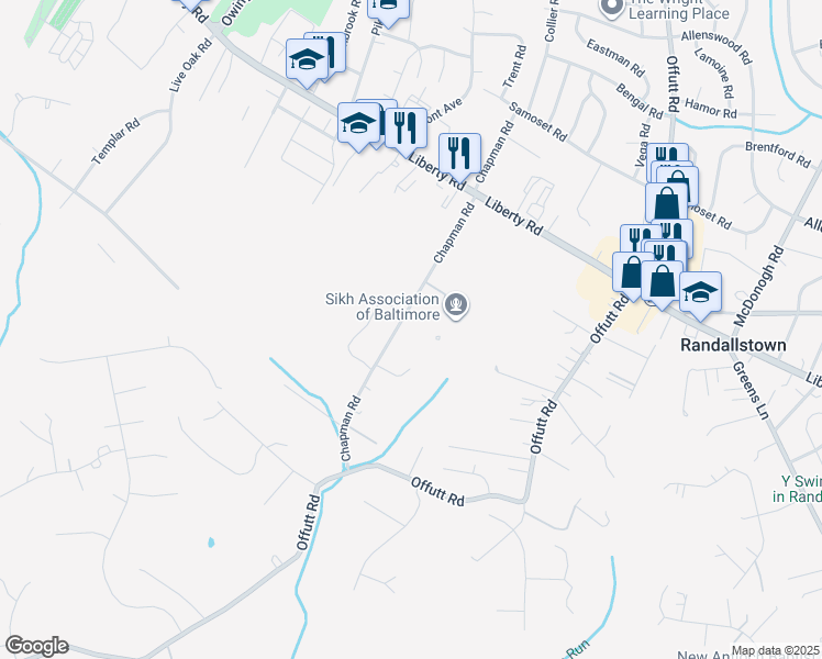 map of restaurants, bars, coffee shops, grocery stores, and more near 3411 Chapman Road in Randallstown