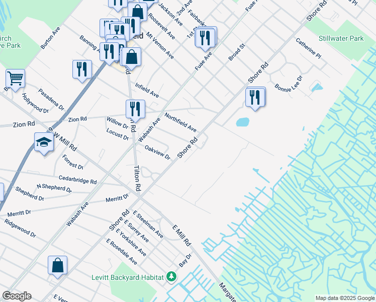 map of restaurants, bars, coffee shops, grocery stores, and more near 1500 Shore Road in Northfield