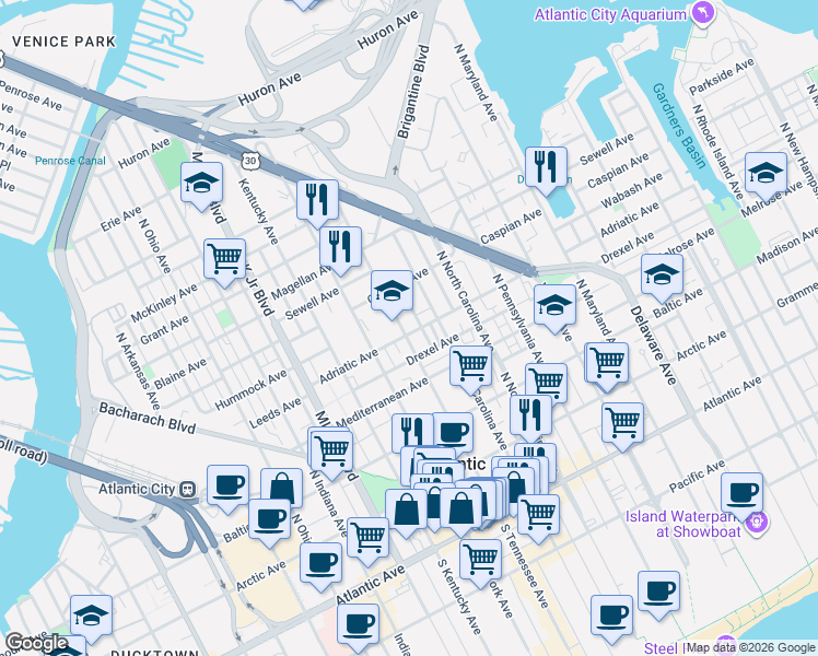 map of restaurants, bars, coffee shops, grocery stores, and more near 411 North Tennessee Avenue in Atlantic City