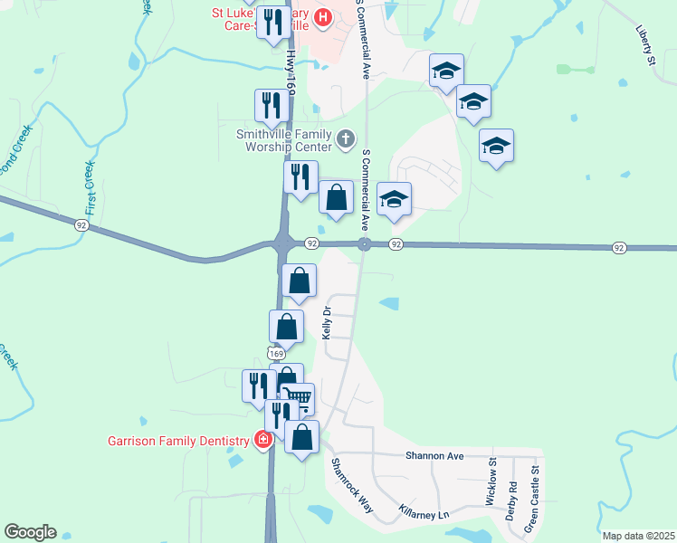 map of restaurants, bars, coffee shops, grocery stores, and more near 15116 Kelly Drive in Smithville